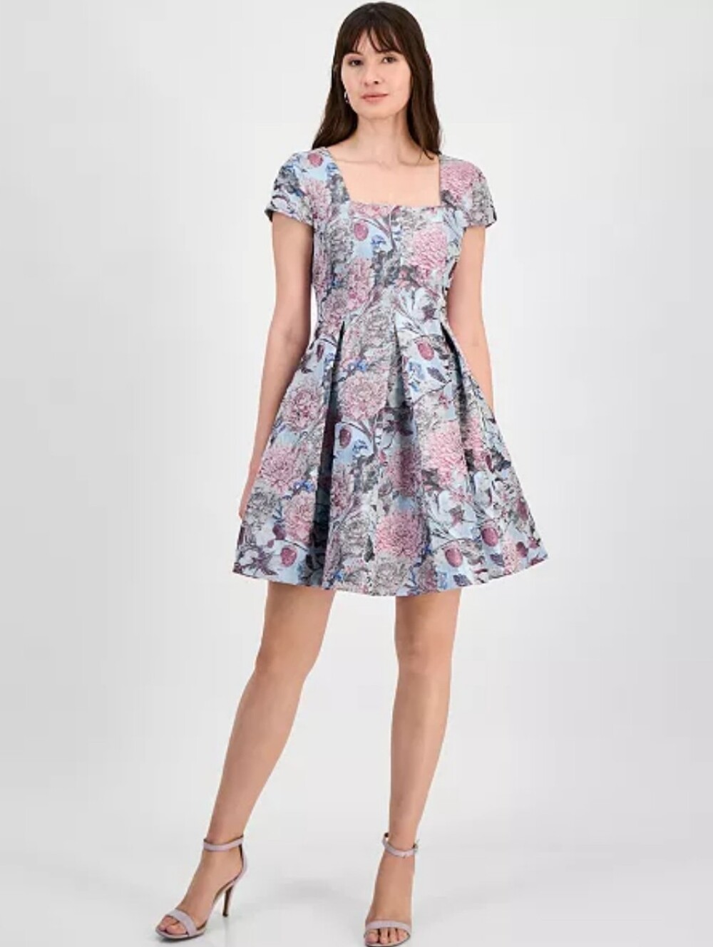 Tahari ASL Light Blue Floral Fit-and-Flare Mini Dress with Pink Accents